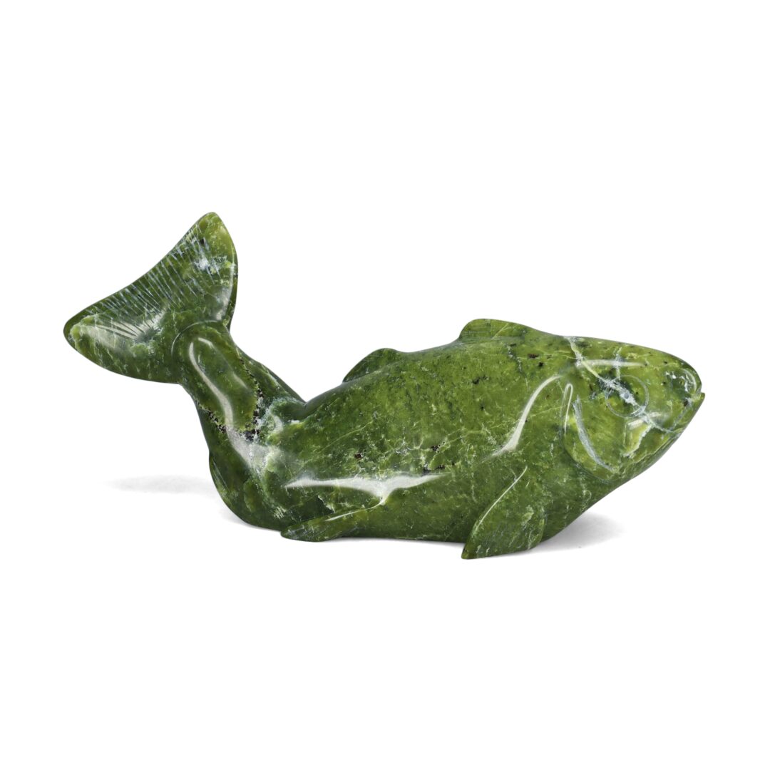 One original hand-carved sculpture by Inuit artist, Sammy Kolola. One Arctic char carved out of serpentine.