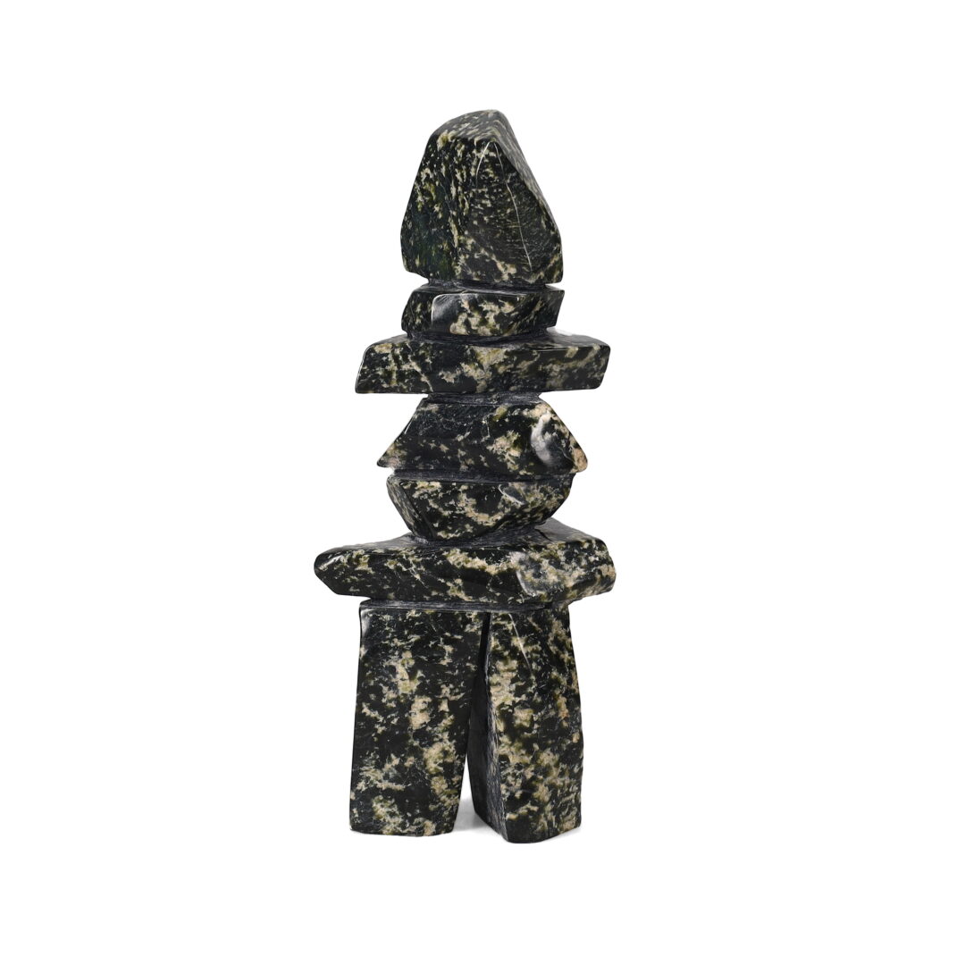 One original hand-carved sculpture by Inuit artist, Malito Akesuk. One inukshuk carved out of serpentine stone.