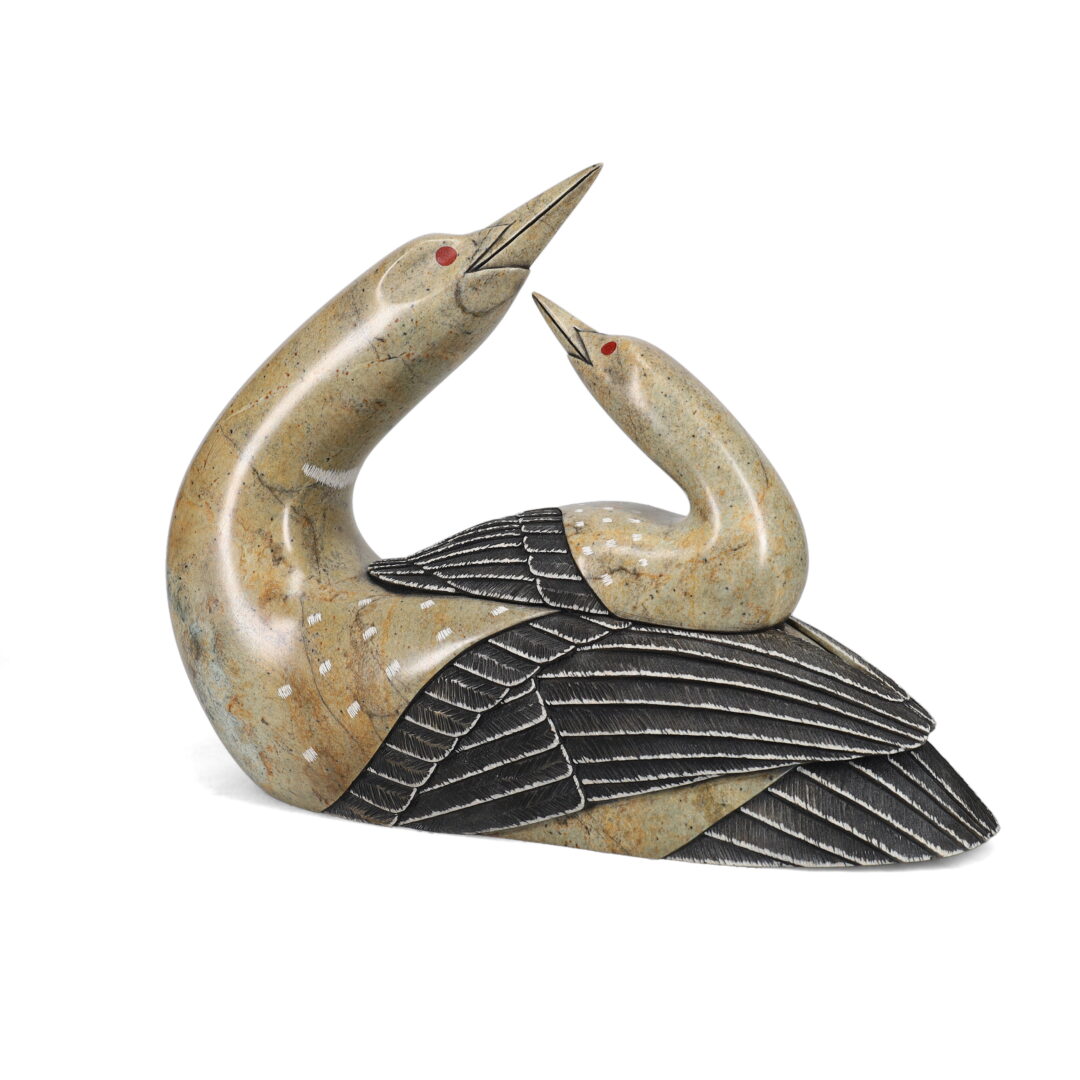 One original hand-carved sculpture by Inuit Oneida artist, Cyril Henry carved out of soapstone, depicting loons