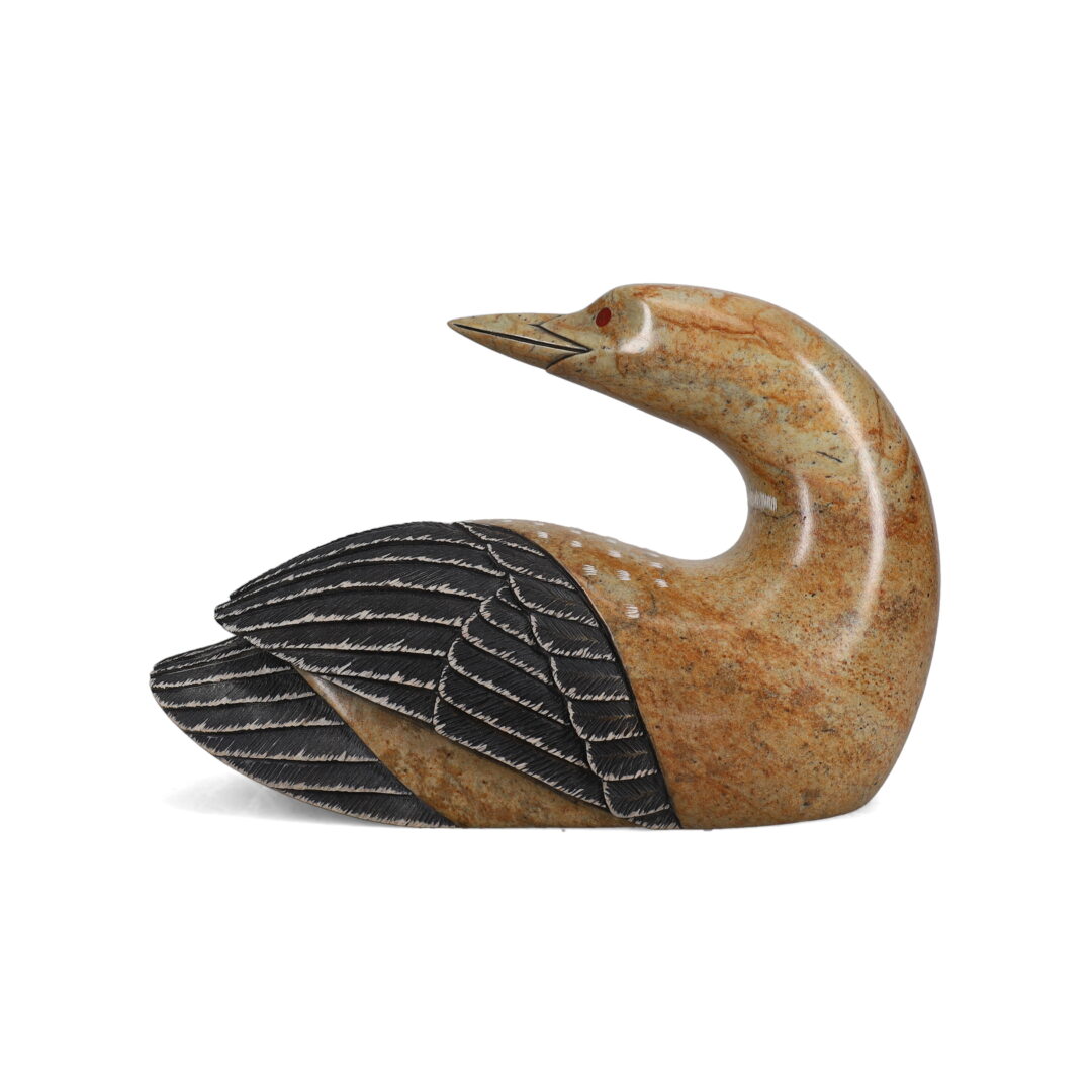 One original hand-carved sculpture by Six Nations (Oneida) artist, Eric Silver. One loon carved out of soapstone.