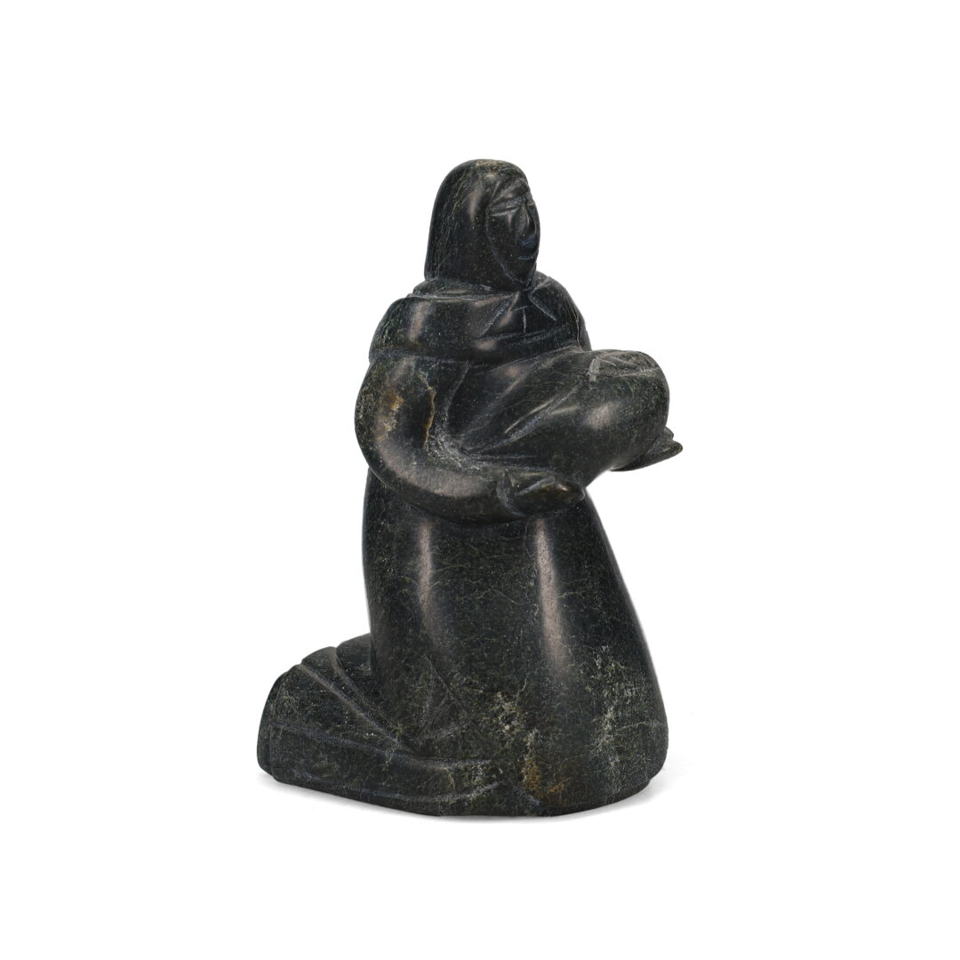 One original hand-carved sculpture by Inuit artist, Pitsulak Qimirpik. One mother and child carved out of serpentine.