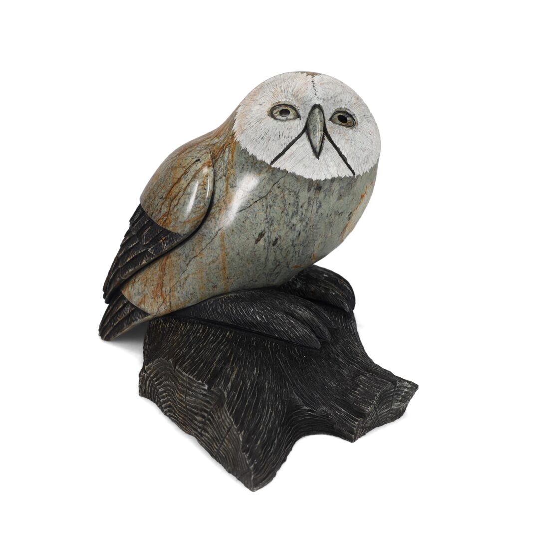 One original hand-carved sculpture by Iroquois artist, Cyril Henry. One owl on a branch carved out of soapstone