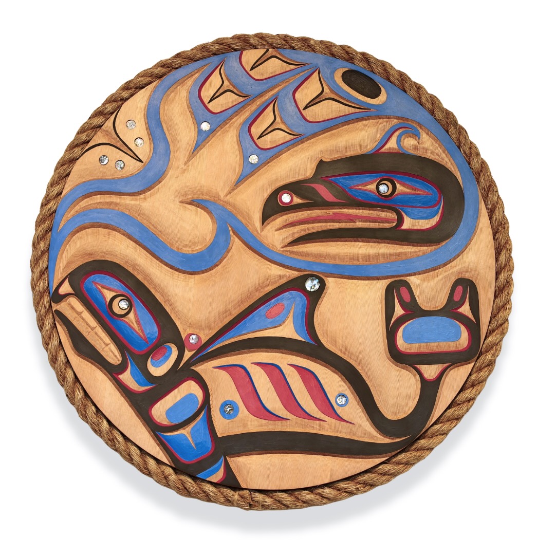 One Original hand-carved Mask by Kwakwaka’wakw artist, Jason Henry Hunt carved out of cedar wood, with abalone