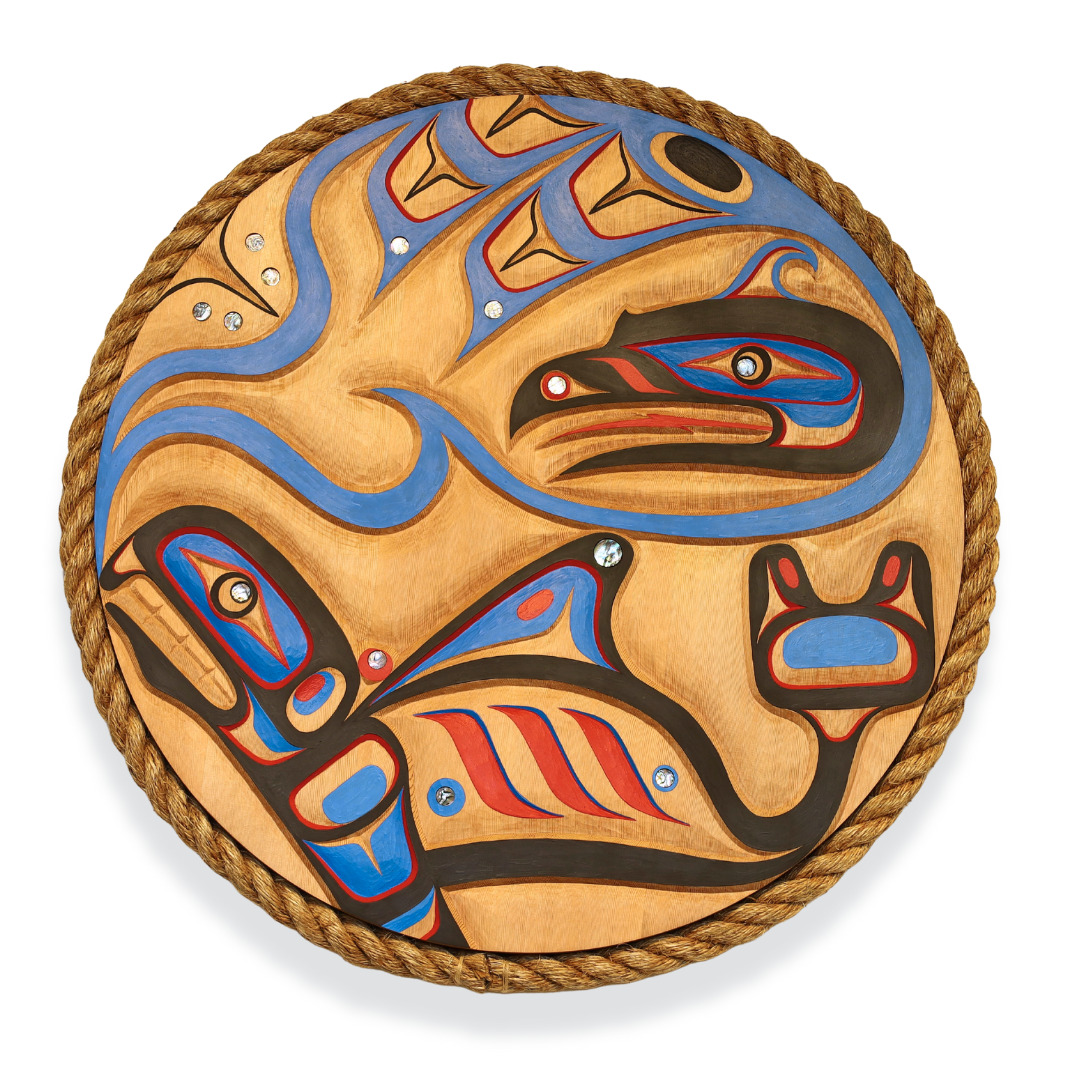 One Original hand-carved Mask by Kwakwaka’wakw artist, Jason Henry Hunt carved out of cedar wood, with abalone