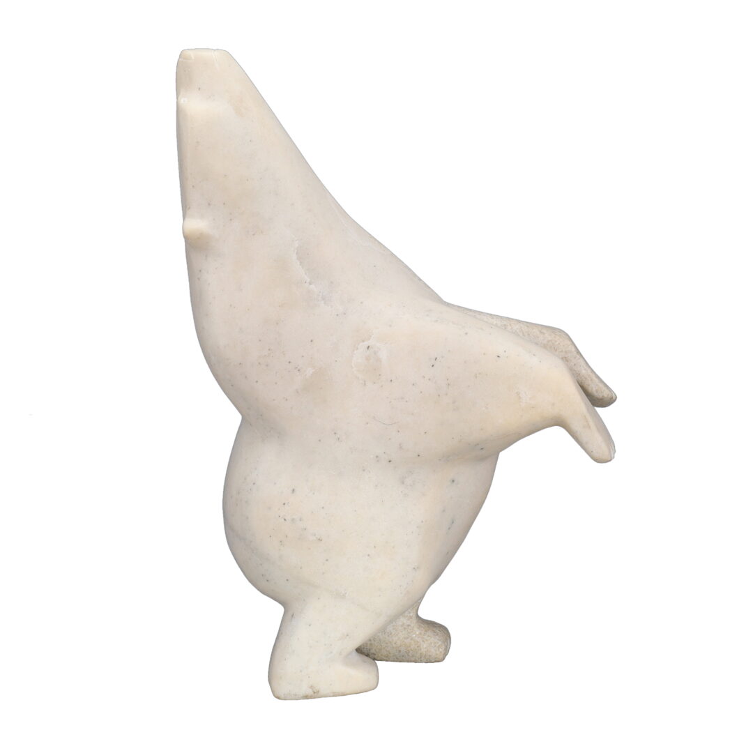 One original hand-carved sculpture by Inuit artist, Joanie Ragee. One dancing bear carved out of white marble.