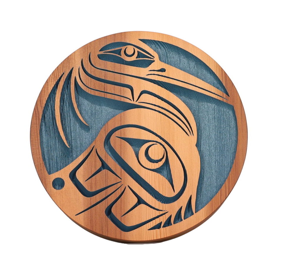 One original wooden panel by Nuxalk artist, Nusmata. One owl carved out of cedar wood, with a natural finish.