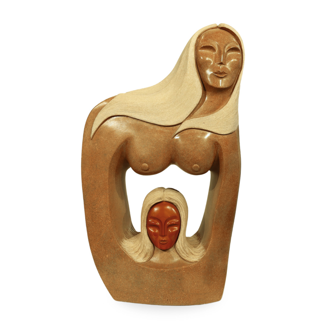 One original hand-carved sculpture by Iroquois artist, Roy Henry. One mother and child carved out of soapstone.