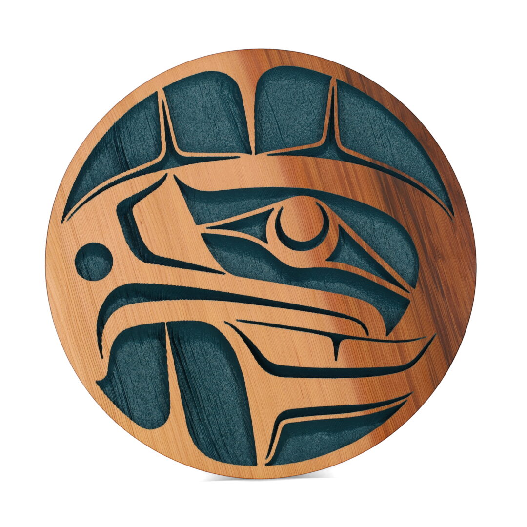 One original wooden panel by Nuxalk artist, Nusmata. One eagle carved out of cedar wood, with a natural finish.