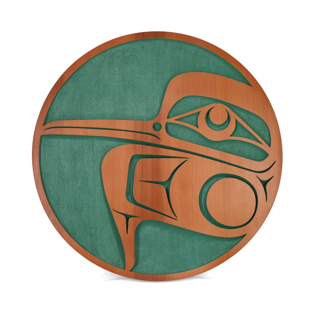 One original wooden panel by Nuxalk artist, Nusmata. One hummingbird carved out of cedar wood, with a natural finish.