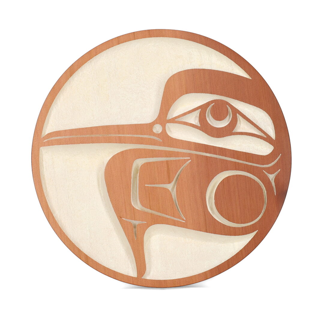 One original wooden panel by Nuxalk artist, Nusmata. One hummingbird carved out of cedar wood, with a natural finish.