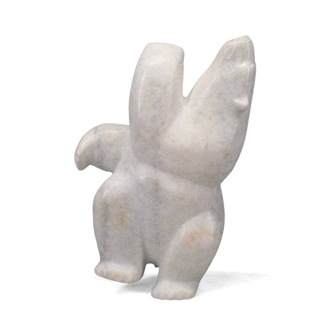 One original hand-carved sculpture by Inuit artist, Isaaci Petalaussie. One dancing bear carved out of marble.