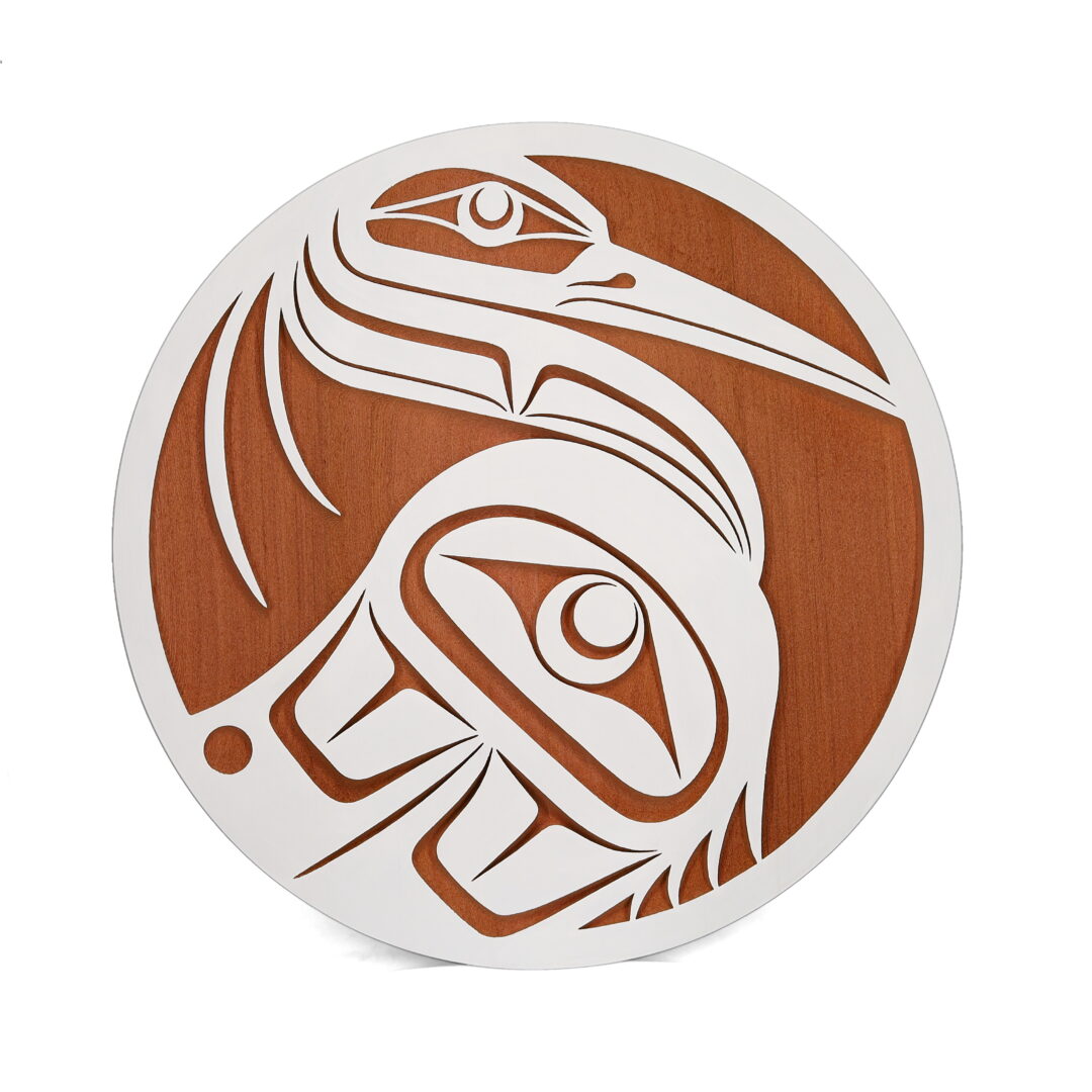 One original sand blasted panel by the Nuxalk artist, Nusmata. One heron panel carved out of cedar wood and painted white.