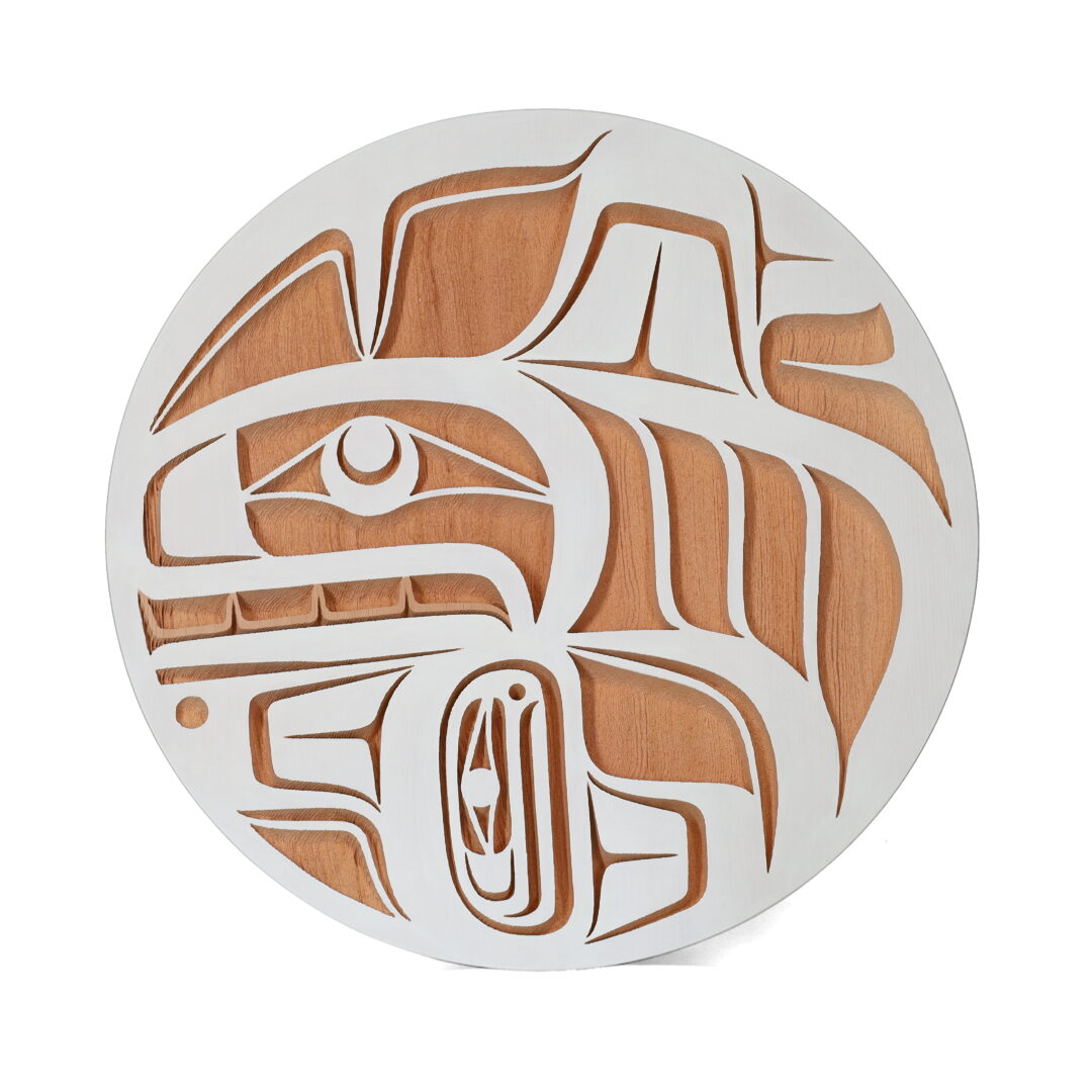 One original sand-blasted panel by the Nuxalk artist, Nusmata. One killer whale panel carved into cedar wood, and painted white.