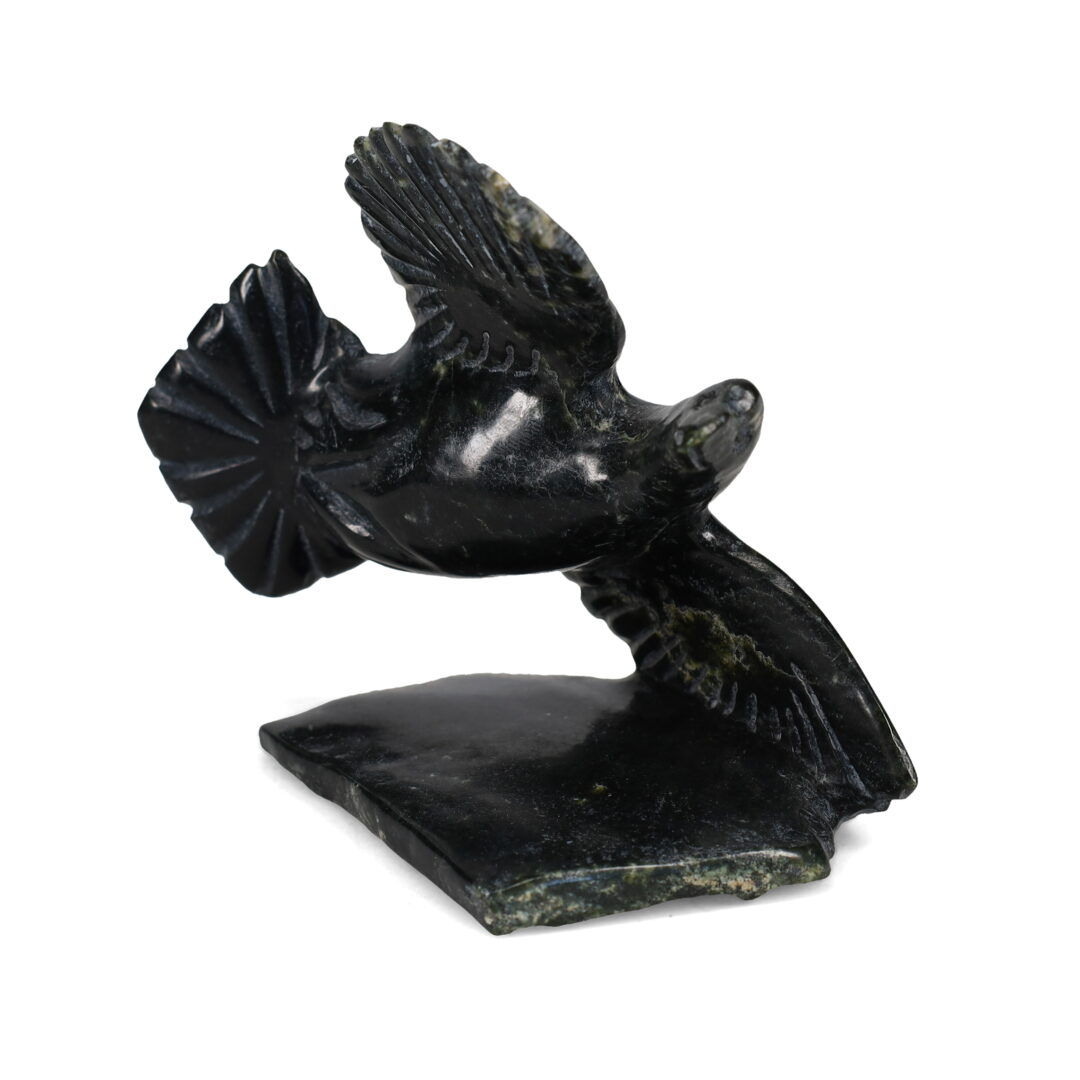 One original hand-carved sculpture by Inuit artist, Kelly Etidloie. One bird in flight carved out of serpentine.