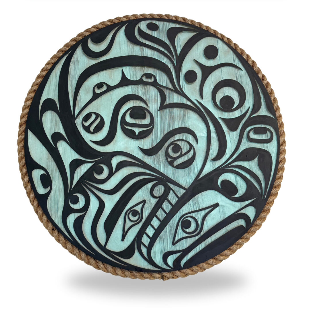 One original cedar wood protection salmon panel by Kwakwak'wakw artist Jason Henry Hunt.